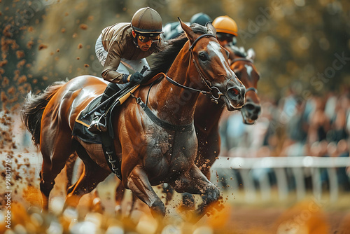 Riders and jockeys on a group of racehorses compete on a racetrack. Great speed in equestrian sports. photo