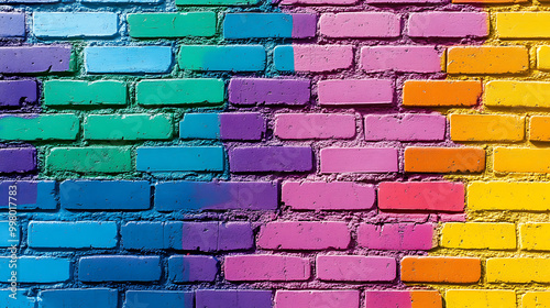 Vividly bright highly saturated painted brick wall, Use the folowing hex codes for the colors.  photo