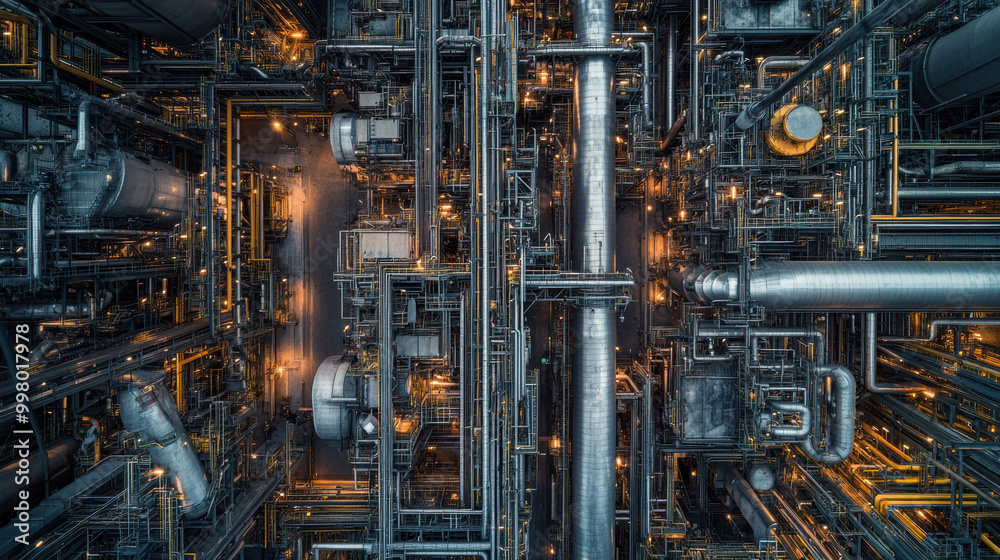 Aerial view of complex industrial facility showcasing intricate piping and machinery, illuminated by warm lights, creating dynamic and energetic atmosphere Aerial view of complex industrial facility showcasing intricate piping and machinery, illuminated by warm lights, creating dynamic and energetic atmosphere