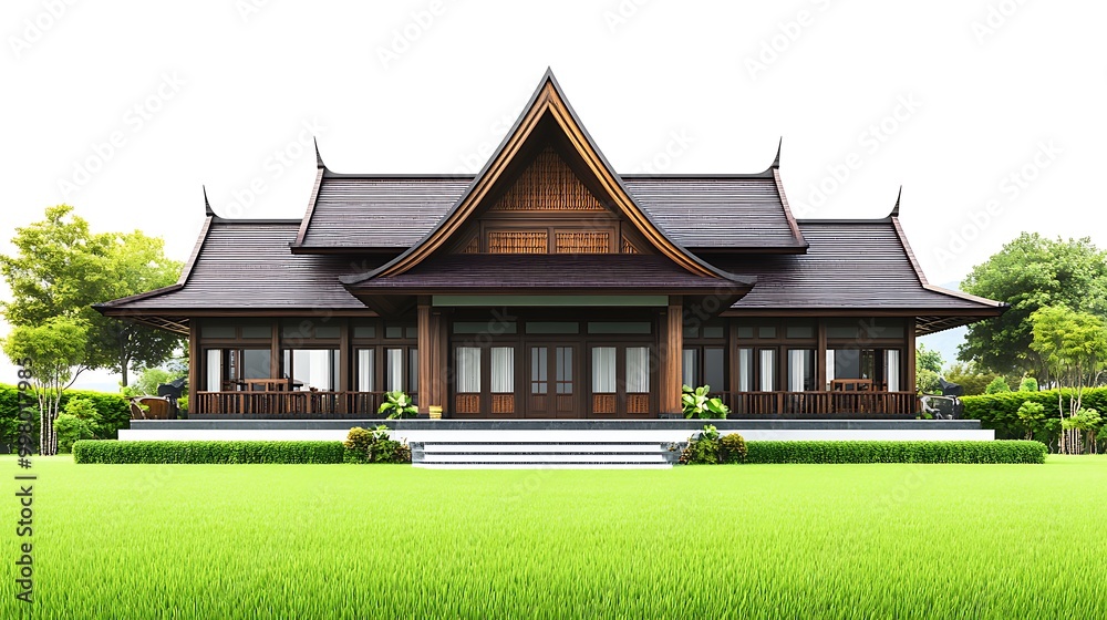 Traditional Asian House with a Lush Green Lawn Traditional Asian House with a Lush Green Lawn