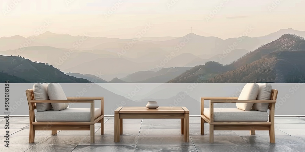Fototapeta premium Minimalist wooden furniture set with subtle panoramic mountain views and a spring sunrise.