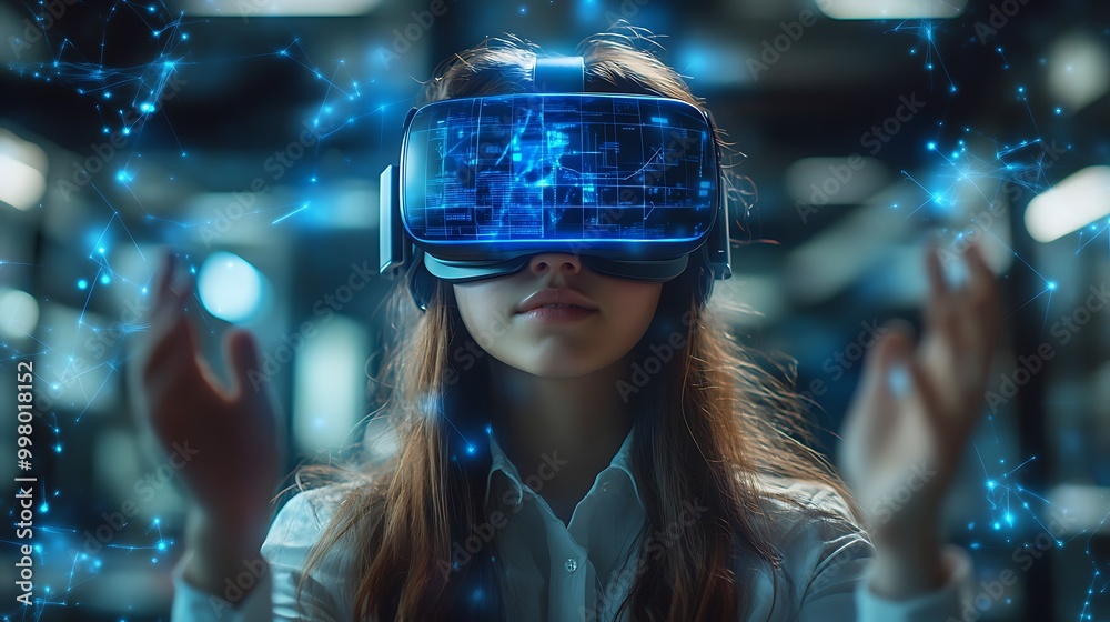 School student with VR headset using AI artificial intelligence technology & machine learning. Interactive technology in classroom. Innovation & smart tech. AI blue hologram in education School student with VR headset using AI artificial intelligence technology & machine learning. Interactive technology in classroom. Innovation & smart tech. AI blue hologram in education