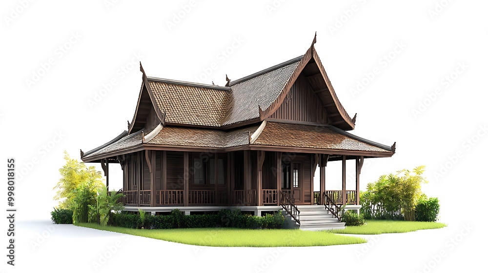 Traditional Thai Wooden House with a Lush Garden Traditional Thai Wooden House with a Lush Garden