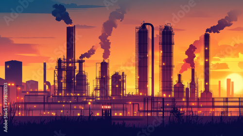 image depicts vibrant industrial scene at sunset, showcasing petrochemical plant with towering smokestacks and glowing lights. atmosphere conveys sense of energy and activity in refining process