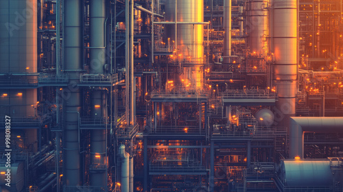 vibrant petrochemical production plant showcasing intricate refining equipment and illuminated structures. scene captures complexity and energy of industrial processes