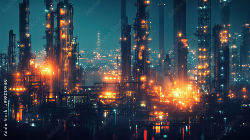 Fototapeta premium image showcases vibrant petrochemical production plant illuminated at night, with numerous refining equipment and structures glowing against dark sky, creating striking industrial landscape