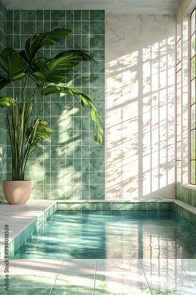 Indoor swimming pool reflecting sunlight with green tiles and potted ...