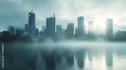 Brisbane Skyline Foggy Morning Cityscape.