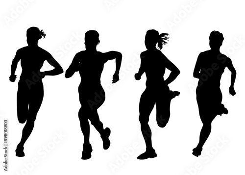 Young athletes run a marathon. Isolated silhouettes on white background
