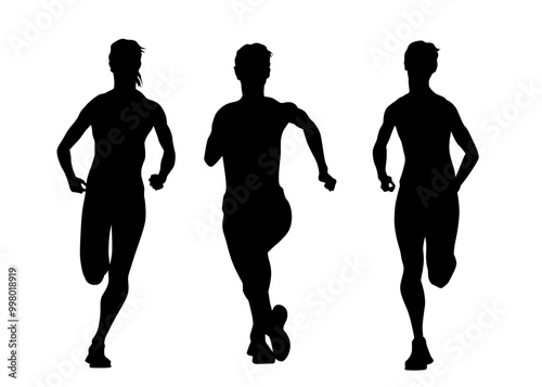 Young athletes run a marathon. Isolated silhouettes on white background