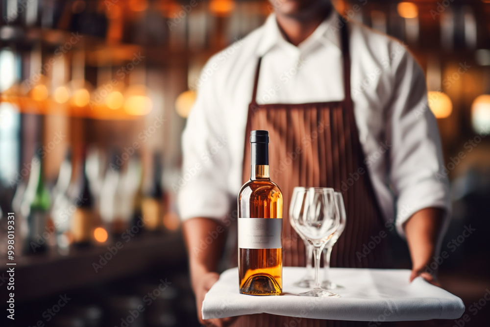In a dimly lit bar, a waiter in uniform holds an unmarked bottle of white wine, ready to pour In a dimly lit bar, a waiter in uniform holds an unmarked bottle of white wine, ready to pour