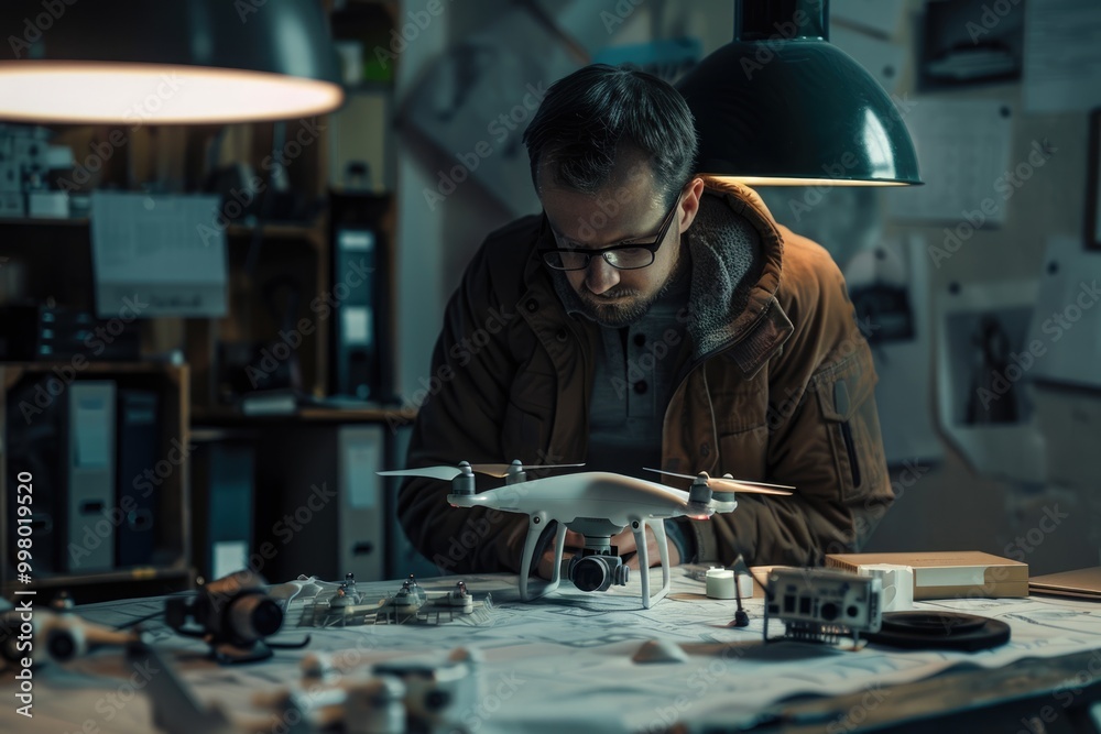 Low angle view of engineer making drone at table in office