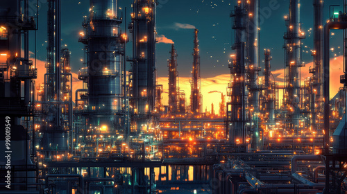 Wallpaper Mural vibrant petroleum refinery at sunset, showcasing towering structures and intricate piping illuminated by glowing lights. scene captures industrial beauty and complexity of petrochemical production Torontodigital.ca