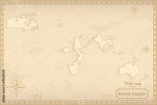 Map of British Empire in the old style, brown graphics in retro fantasy style.