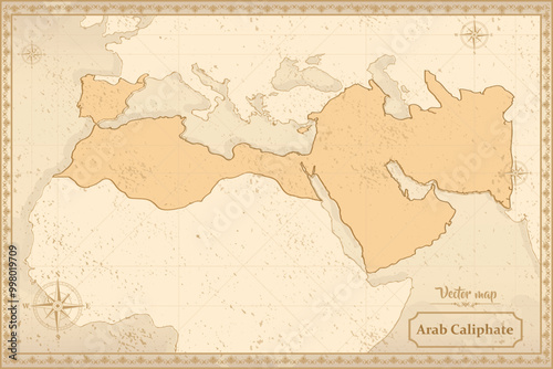 Map of Arab Caliphate in the old style, brown graphics in retro fantasy style.