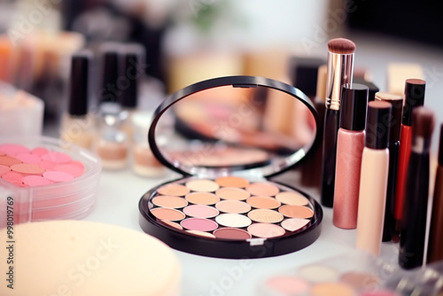 Close up of diverse makeup kit on service counter, with professional shades for all skin types