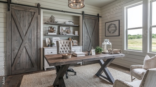 Home office with a modern farmhouse theme, featuring distressed wood furniture, shiplap walls, and a barn door Rustic yet modern