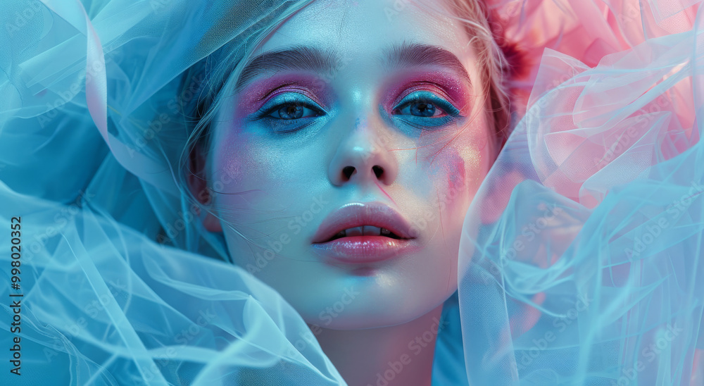 A woman with blue eyes and blue eyeshadow is lying on a white sheet. The sheet is decorated with blue and pink colors