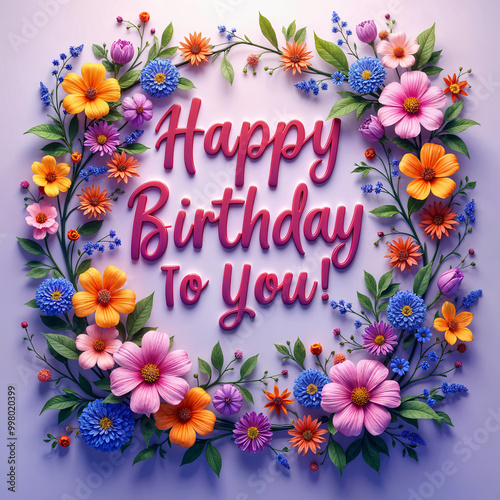 Greeting card. Vibrant and colorful floral wreath with the message Happy Birthday To You written on it, set against a purple background.