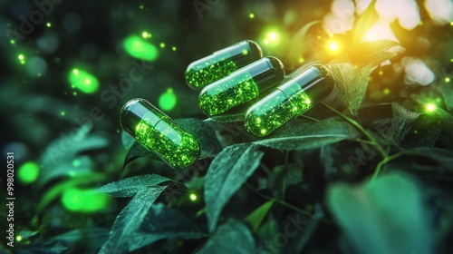 Futuristic Fusion: AI-Powered Botanical Health Supplement with Glowing Green Technology in Nature