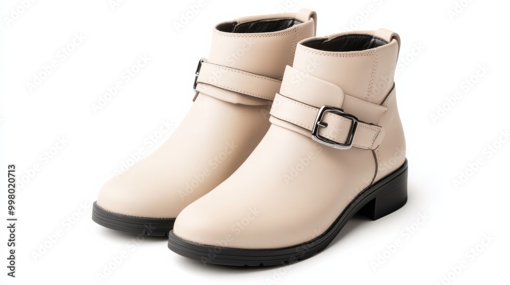 Beige ankle boots with wrap-around straps and buckles isolated on a white background with shadows Beige ankle boots with wrap-around straps and buckles isolated on a white background with shadows
