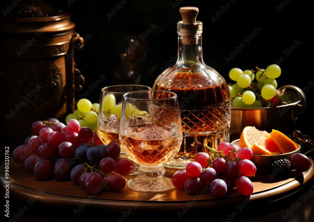 A table with a bottle of liquor, two wine glasses, and fruit. Scene is relaxed and inviting