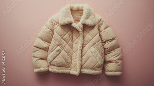 Beige quilted jacket with oversized fit and plush lining isolated on a soft pastel background cozy and casual  photo