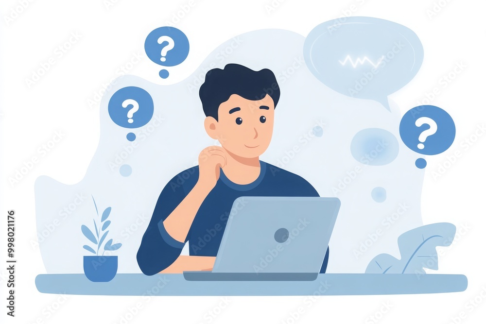 Man Thinking and Searching for Answers on Laptop Man Thinking and Searching for Answers on Laptop