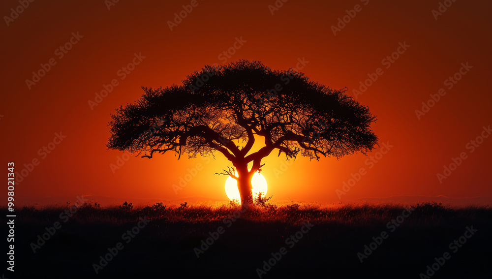 A tree is silhouetted against the sun, with the sun in the background. The tree is the main focus of the image, and it is a large, majestic tree A tree is silhouetted against the sun, with the sun in the background. The tree is the main focus of the image, and it is a large, majestic tree