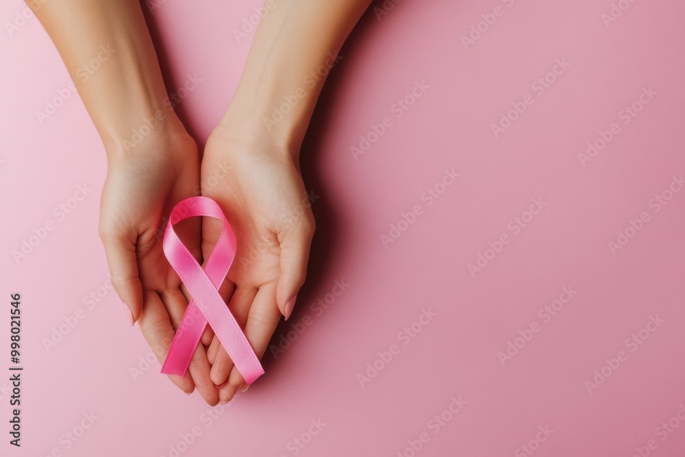 Beautiful hands of a woman holding a pink ribbon, symbolizing cancer awareness Beautiful hands of a woman holding a pink ribbon, symbolizing cancer awareness