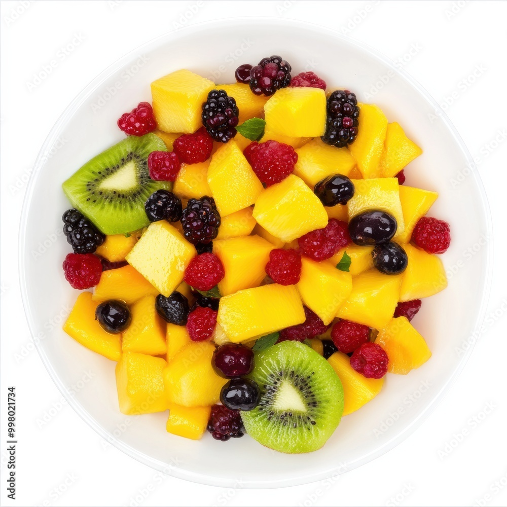 Healthy mixed fruit salad with mango, kiwi, and berries, on a white background Healthy mixed fruit salad with mango, kiwi, and berries, on a white background