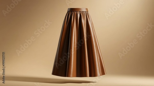 Brown leather midi fall skirt with a high waist and smooth finish isolated on a gradient beige background sleek and luxurious  photo