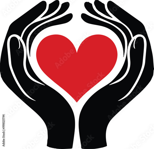 vector illustration of silhouetted hands with a red heart in the center on a white background, easily editable 