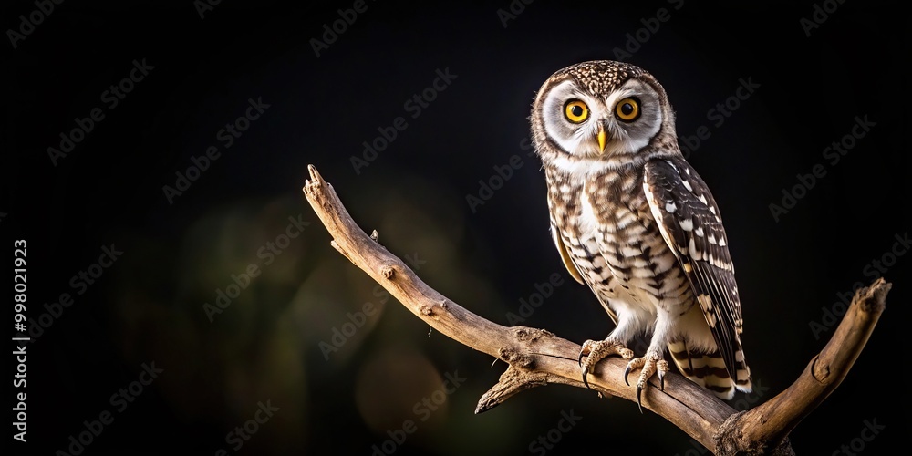 Obraz premium Fisheye owl on branch in African wildlife conservation area at night