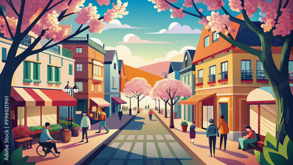 Charming Springtime Street Scene with Blossoming Cherry Trees Charming Springtime Street Scene with Blossoming Cherry Trees