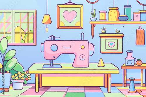Cozy Crafting Corner: Illustration of a Serene Sewing Room Setup