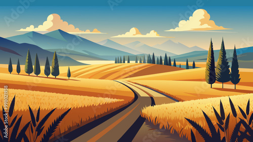 Tranquil Countryside Landscape with Golden Fields and Mountain Backdrop