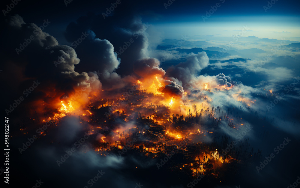 Fototapeta premium A fire is burning in the sky, with smoke and flames visible. The sky is dark and cloudy, and the fire is spreading rapidly. Scene is one of destruction and chaos