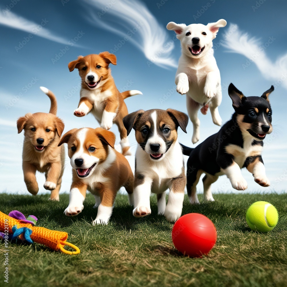 Happy Puppies Leaping and Playing with Toys on the Grass