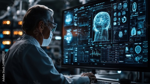 Scientist Analyzing Brain Data on Computer Screen