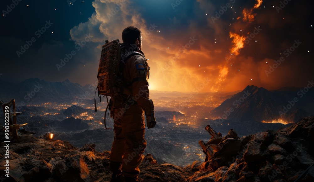 A man in a space suit stands on a mountain overlooking a city. The sky is filled with stars and the city is lit up with a warm orange glow.