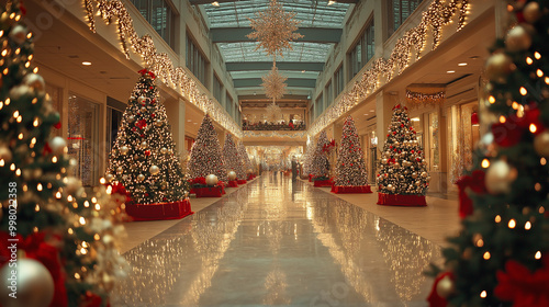 Christmas display in a department store featuring decorated trees, sparkling lights, and shiny ornaments, holiday shopping vibe  photo