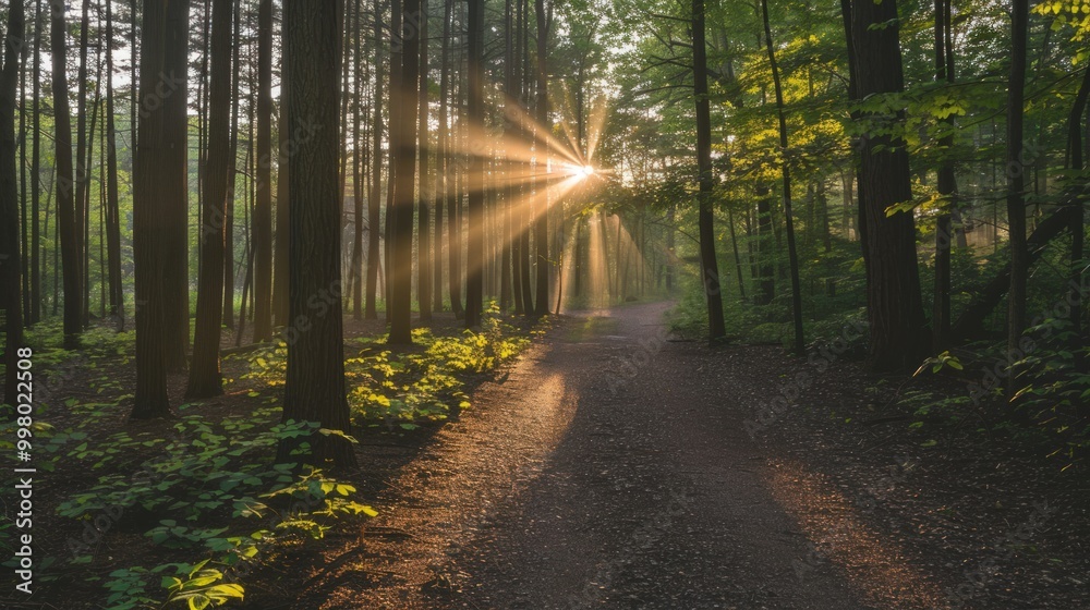 Fototapeta premium Sunlight Beams Through Forest Trees on a Path