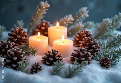 Three Burning Candles Immersed in a Bed of Snow, Surrounded by Pine Cones and Evergreen Branches
