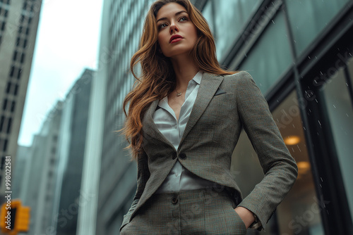 A picture of the upper body of a beautiful business woman standing in a suit, the city background of a high-rise building