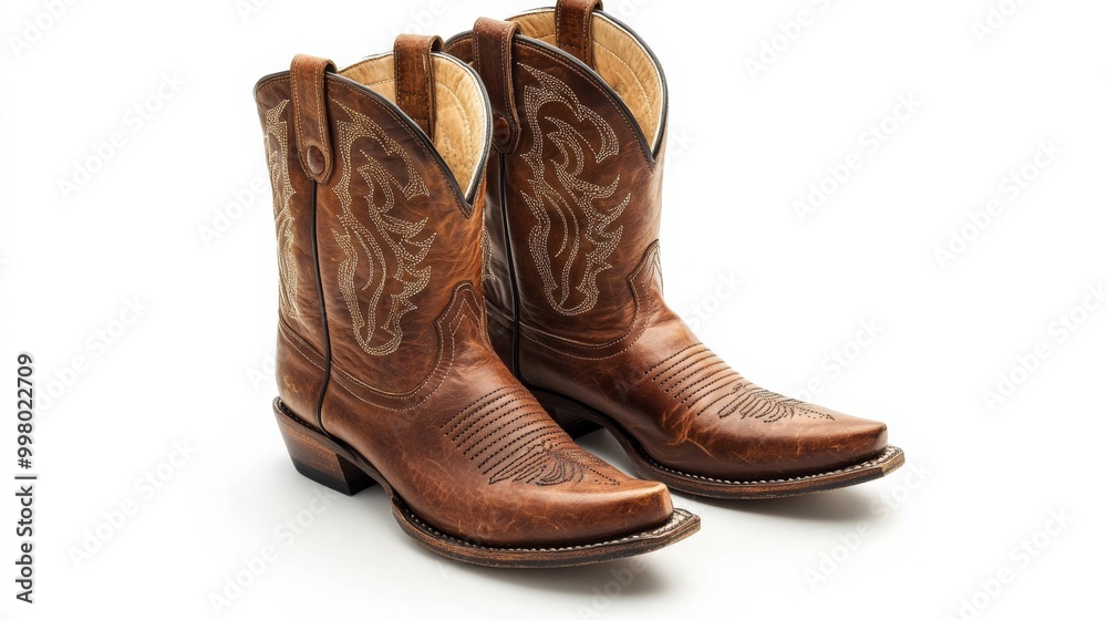 Classic brown leather cowboy boots with intricate stitching isolated on a white background rugged and timeless Classic brown leather cowboy boots with intricate stitching isolated on a white background rugged and timeless