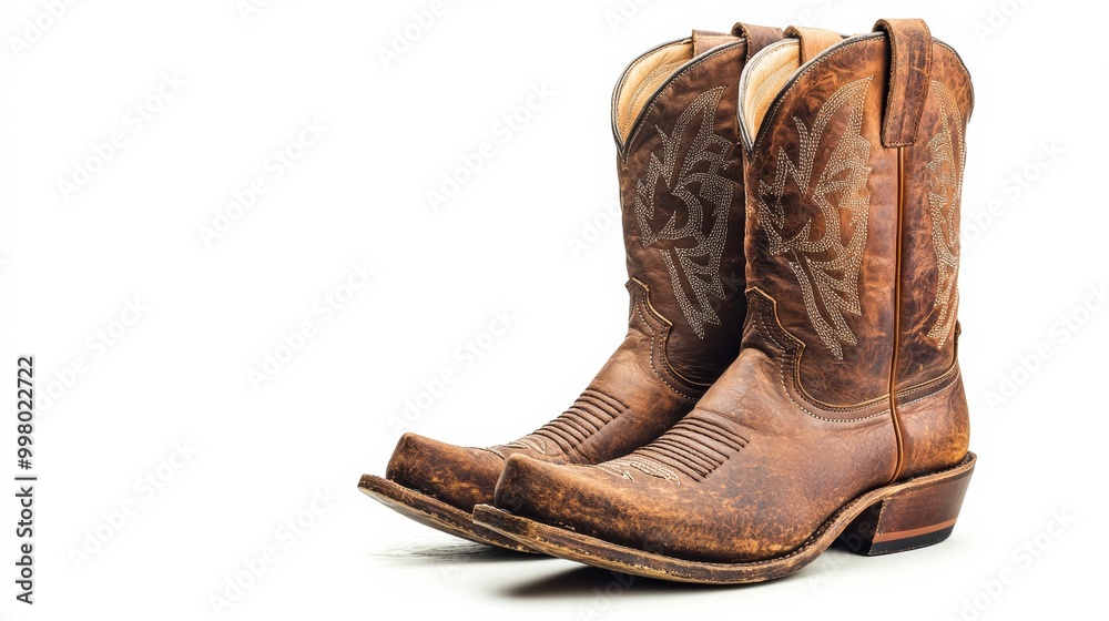 Classic brown leather cowboy boots with intricate stitching isolated on a white background rugged and timeless 