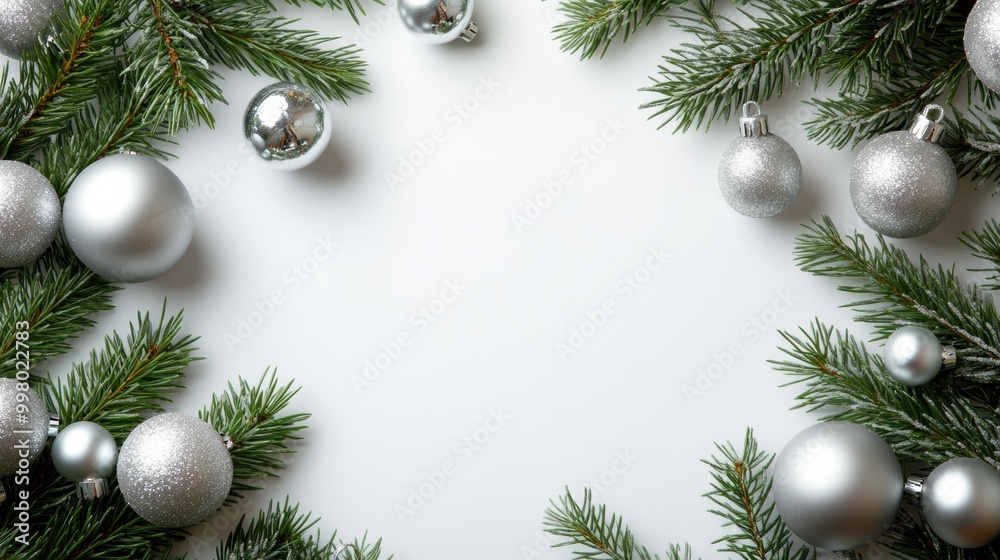 Simple Christmas background with empty space in the middle, small pine tree branches, and silver baubles on the left and right edges Simple Christmas background with empty space in the middle, small pine tree branches, and silver baubles on the left and right edges