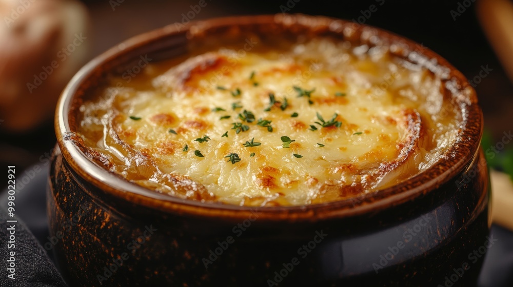 Close-up of a bowl of French onion soup with bubbling Gruyère cheese and caramelized onions isolated on a dark background rich and savory Close-up of a bowl of French onion soup with bubbling Gruyère cheese and caramelized onions isolated on a dark background rich and savory