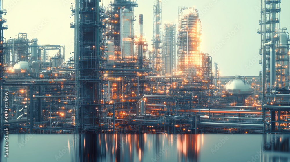vibrant petrochemical production plant with intricate refining equipment, showcasing network of pipes and structures illuminated by glowing lights. scene captures complexity and scale of industrial vibrant petrochemical production plant with intricate refining equipment, showcasing network of pipes and structures illuminated by glowing lights. scene captures complexity and scale of industrial